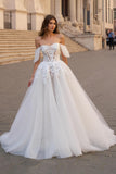 Ivory A Line Off the Shoulder Sweep Train Wedding Dress with Lace