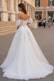 Ivory A Line Off the Shoulder Sweep Train Wedding Dress with Lace