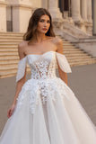 Ivory A Line Off the Shoulder Sweep Train Wedding Dress with Lace