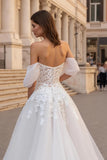 Ivory A Line Off the Shoulder Sweep Train Wedding Dress with Lace