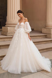 Tulle Spaghetti Straps Sweep Train Ivory Wedding Dress with Lace