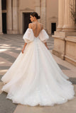 Tulle Spaghetti Straps Sweep Train Ivory Wedding Dress with Lace