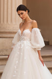 Tulle Spaghetti Straps Sweep Train Ivory Wedding Dress with Lace