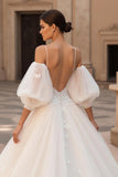 Tulle Spaghetti Straps Sweep Train Ivory Wedding Dress with Lace