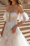 Ivory Strapless A Line Appliqued Sweep Train Wedding Dress