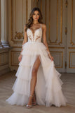 Ivory Tiered Tulle Ruffled A Line Sweep Train Wedding Dress with Slit