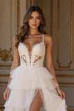 Ivory Tiered Tulle Ruffled A Line Sweep Train Wedding Dress with Slit