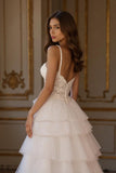 Ivory Tiered Tulle Ruffled A Line Sweep Train Wedding Dress with Slit