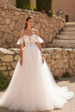 Off the Shoulder Ivory Tulle Sweep Train Wedding Dress with Lace