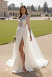 Ivory High Neck Lace Long Sleeves Sweep Train Wedding Dress with Slit