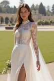 Ivory High Neck Lace Long Sleeves Sweep Train Wedding Dress with Slit