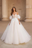 Ivory Ball Gown Scoop Neck Sweep Train Wedding Dress with Lace