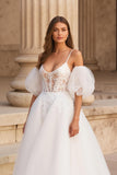 Ivory Ball Gown Scoop Neck Sweep Train Wedding Dress with Lace