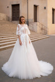 Ivory Bateau Neck A Line Sweep Train Appliqued Wedding Dress with Sleeves