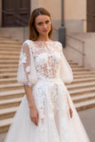 Ivory Bateau Neck A Line Sweep Train Appliqued Wedding Dress with Sleeves