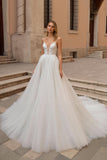 Ivory A Line Spaghetti Straps Backless Sweep Train Wedding Dress with Lace