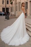 Ivory A Line Spaghetti Straps Backless Sweep Train Wedding Dress with Lace