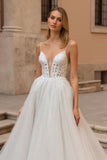 Ivory A Line Spaghetti Straps Backless Sweep Train Wedding Dress with Lace