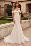 Ivory Mermaid Off the Shoulder Sweep Train Simple Wedding Dress