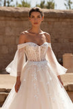 Ivory Tulle Flutter Sleeves Ball Gown Sweep Train Wedding Dress