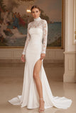 Ivory Mermaid High Neck Sweep Train Vintage Wedding Dress with Slit