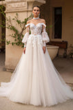 Exquisite Ivory Off the Shoulder Tulle Sweep Train Wedding Dress with Sleeves