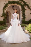 Ivory Ball Gown Tulle High Neck Sweep Train Wedding Dress with Lace