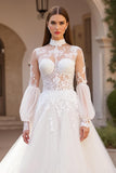 Ivory Ball Gown Tulle High Neck Sweep Train Wedding Dress with Lace