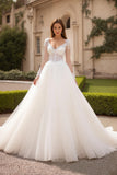 Ivory Tulle V-Neck Long Sleeves Ball Gown Sweep Train Wedding Dress with Lace