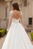 Ivory Tulle V-Neck Long Sleeves Ball Gown Sweep Train Wedding Dress with Lace