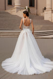 Square Neck Ivory Tulle Ball Gown Sweep Train Wedding Dress with Lace