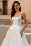 Square Neck Ivory Tulle Ball Gown Sweep Train Wedding Dress with Lace