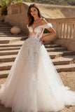 Off the Shoulder Ivory Ball Gown Sweep Train Tulle Wedding Dress with Lace