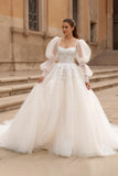 Ivory Ball Gown Sweep Train Square Neck Tulle Wedding Dress with Sleeves