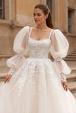 Ivory Ball Gown Sweep Train Square Neck Tulle Wedding Dress with Sleeves