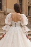 Ivory Ball Gown Sweep Train Square Neck Tulle Wedding Dress with Sleeves