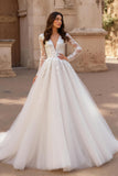 Ivory Ball Gown V-Neck Long Sleeves Tulle Wedding Dress with Lace
