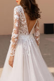 Ivory Ball Gown V-Neck Long Sleeves Tulle Wedding Dress with Lace