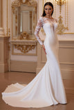 Mermaid Ivory Satin Sweep Train Wedding Dress with Sleeves