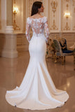 Mermaid Ivory Satin Sweep Train Wedding Dress with Sleeves