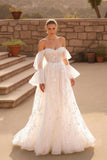 Ivory Off the Shoulder Sweep Train A Line Floral Wedding Dress with Lace