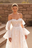 Ivory Off the Shoulder Sweep Train A Line Floral Wedding Dress with Lace