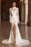 Mermaid Satin High Neck Ivory Sweep Train Vintage Wedding Dress with Slit