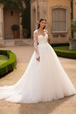 A Line Tulle Long Sleeves Ivory Sweep Train Wedding Dress with Lace