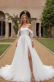 Ivory Tulle Off the Shoulder A Line Long Sleeves Wedding Dress with Slit