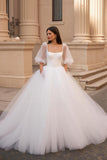 Ivory Half Puff Sleeves Ball Gown Sweep Train Wedding Dress with Ruffles