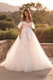 Ivory Off the Shoulder Ruffled Sweep Train Appliqued Wedding Dress