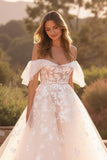 Ivory Off the Shoulder Ruffled Sweep Train Appliqued Wedding Dress