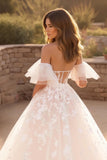 Ivory Off the Shoulder Ruffled Sweep Train Appliqued Wedding Dress