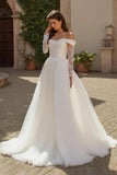 Ivory Long Sleeves A Line Ruched Sweep Train Wedding Dress with Lace